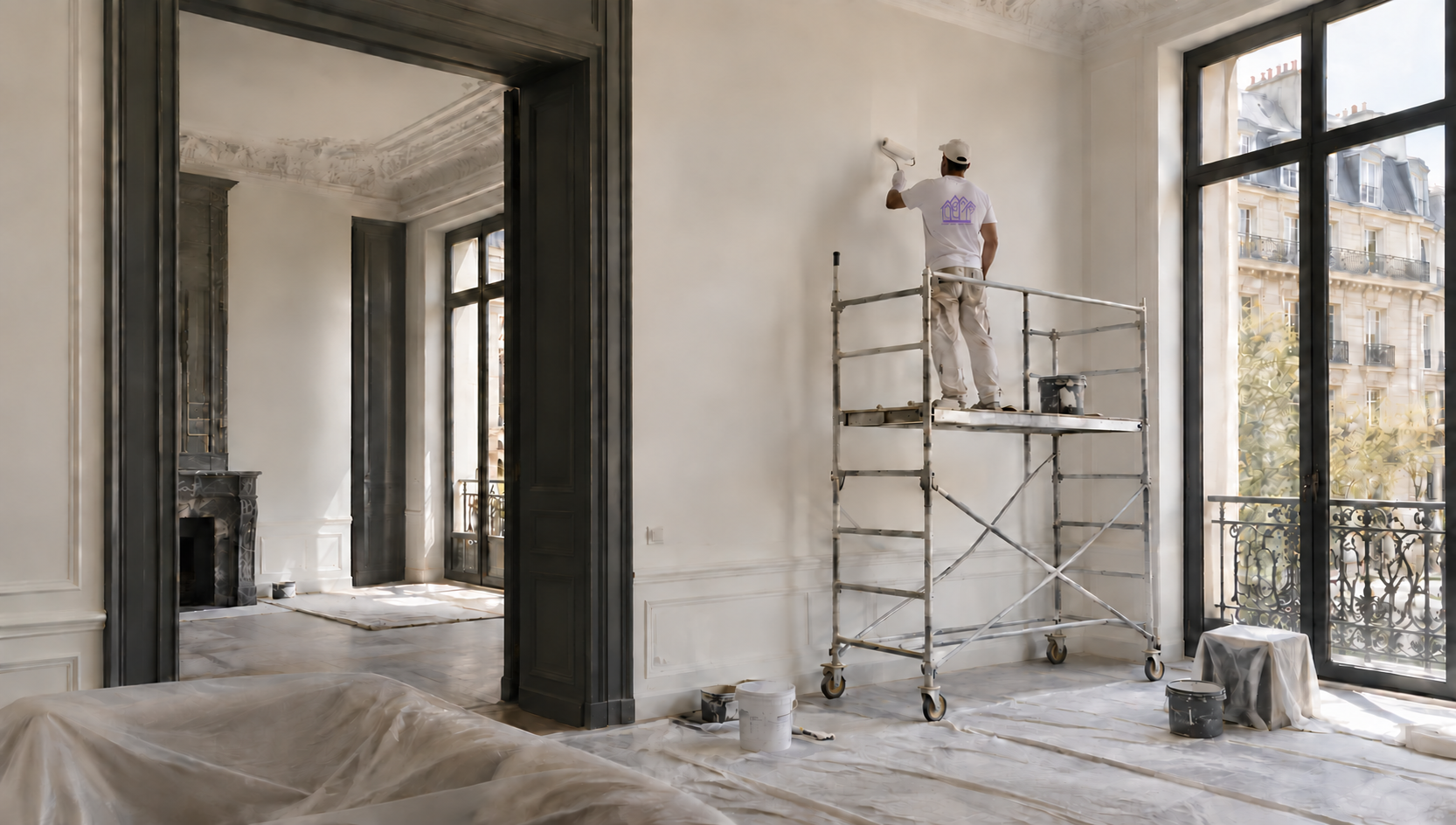 Peintre appliquant une finition de peinture dans un intérieur haussmannien